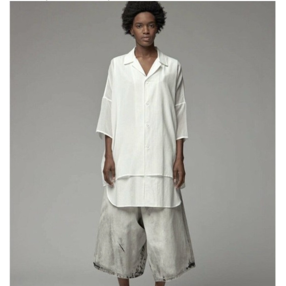 YOHJI YAMAMOTO Y’S Cotton Layered Sheer Overlay Short Sleeve Button Up 6-1XL